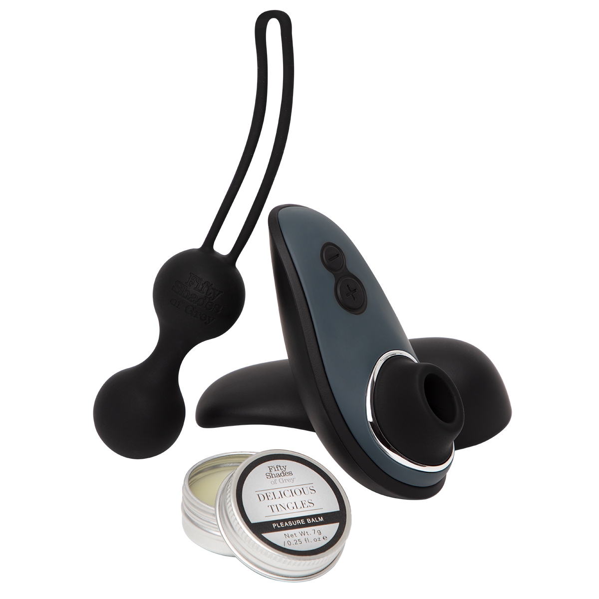 Fifty Shades of Grey vibrator Fifty Shades X Womanizer Desire Blooms 3pc Gift Set shown in hand for scale