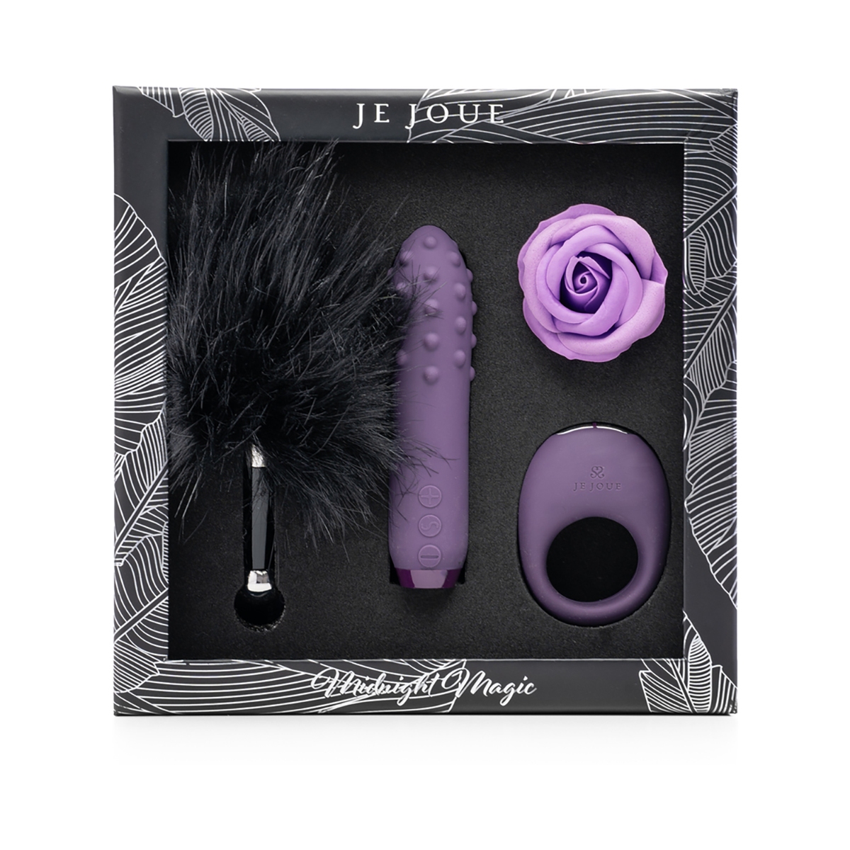 Midnight Je Joue vibrator Magic: Duet , Mio Ring, Feather Tickler, Rose Bath Melt shown in hand for scale