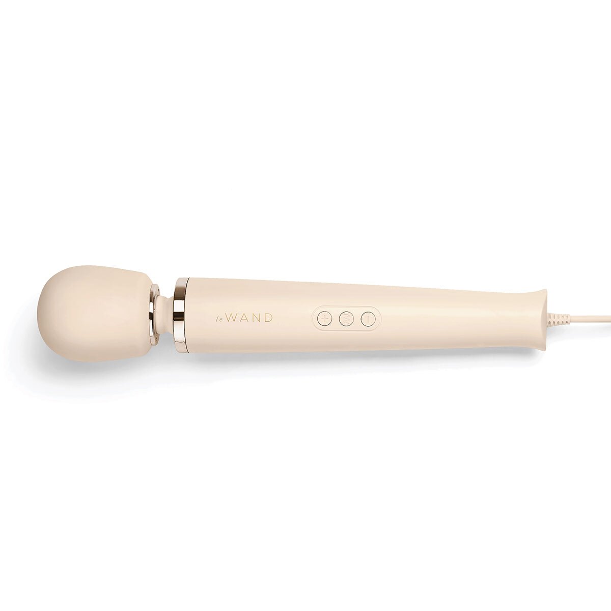 Cream Le Wand vibrator Corded shown in hand for scale
