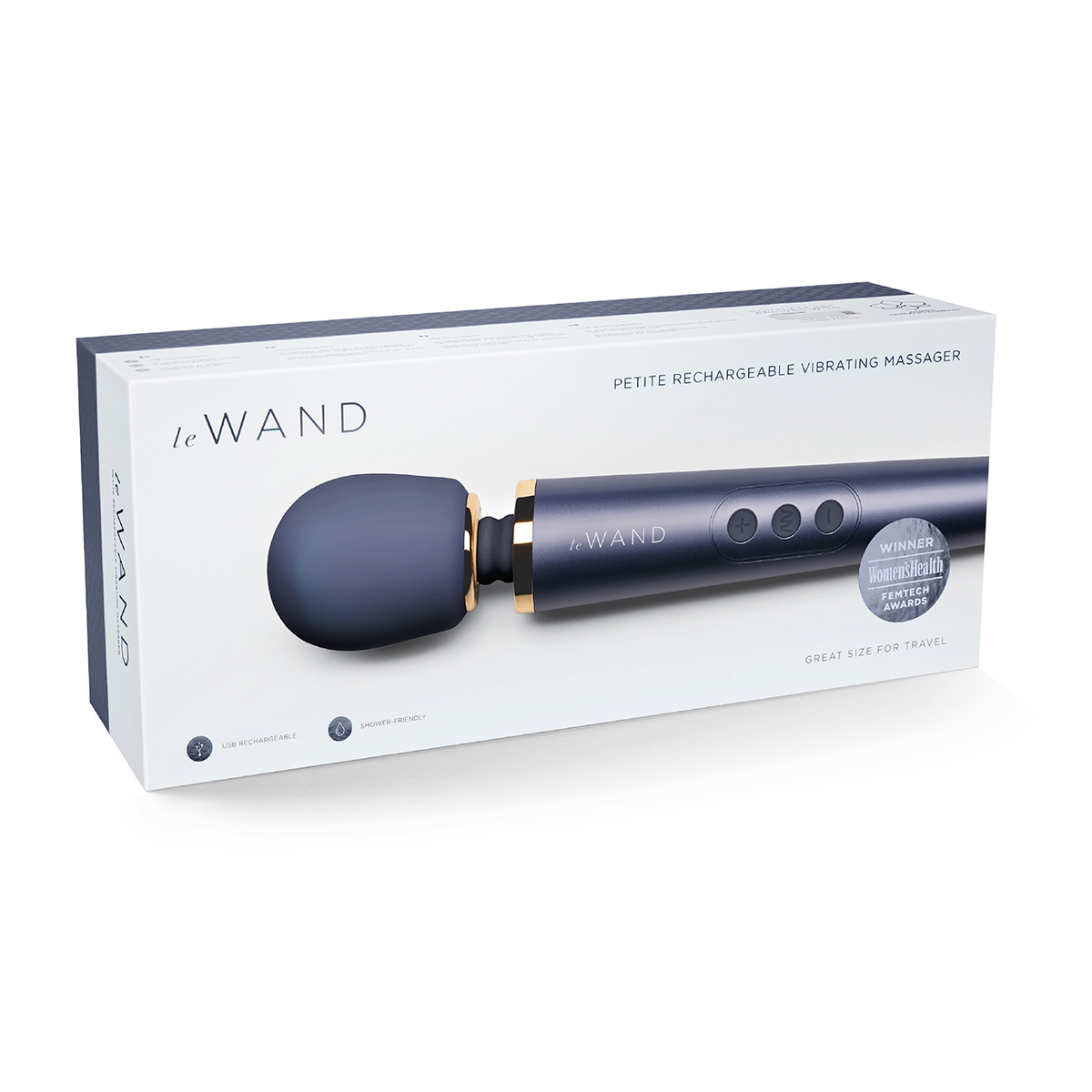 Angled view of the Blue Le Wand vibrator designed for intimate use