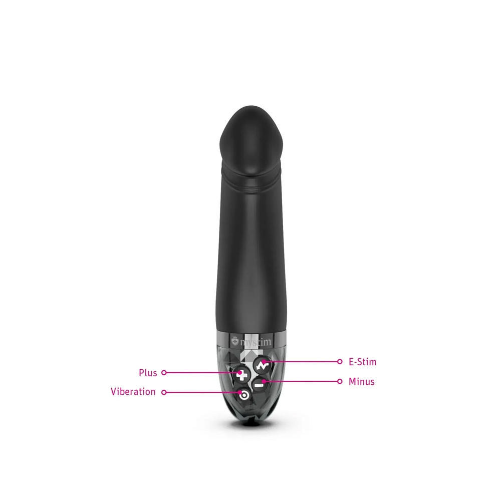 Angled view of the Black Mystim vibrator designed for intimate use