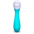 Turquoise OhMiBod vibrator Lovelife Cuddle Mini shown in hand for scale