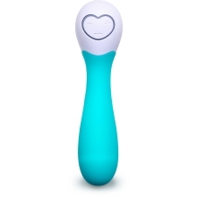 Turquoise OhMiBod vibrator Lovelife Cuddle Mini shown in hand for scale