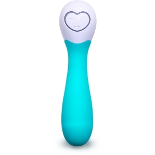 Turquoise OhMiBod vibrator Lovelife Cuddle Mini shown in hand for scale