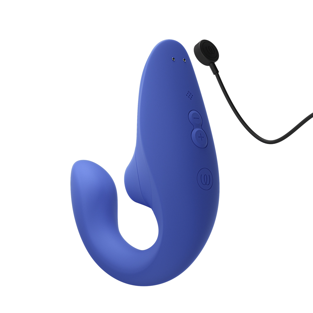 Angled view of the Blue Womanizer vibrator designed for intimate use