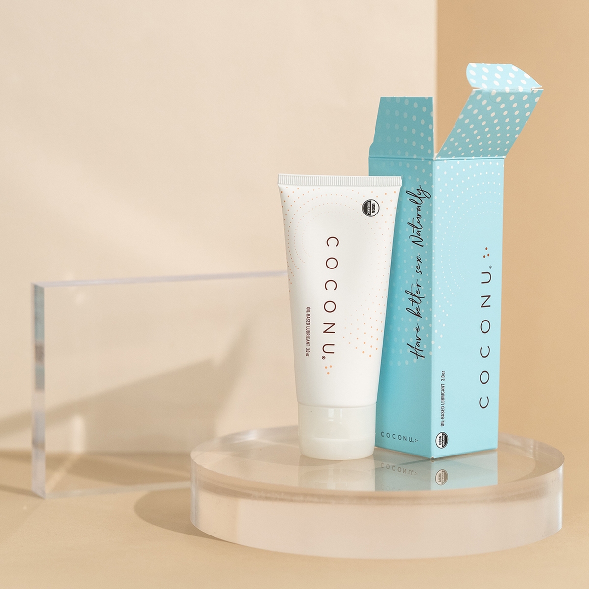 Close-up of 3 oz Plant Based Lube by Coconu with plant-derived hydration