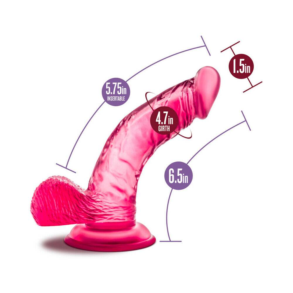 6.5 inch Dildo by Blush in Hot Pink Magenta Fuchsia displayed for pegging Him or Her