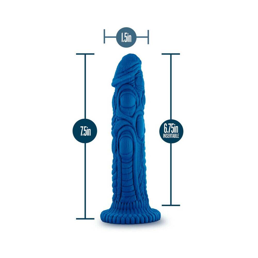 7.5 inch Dildo by Blush in Blue displayed for pegging Him or Her