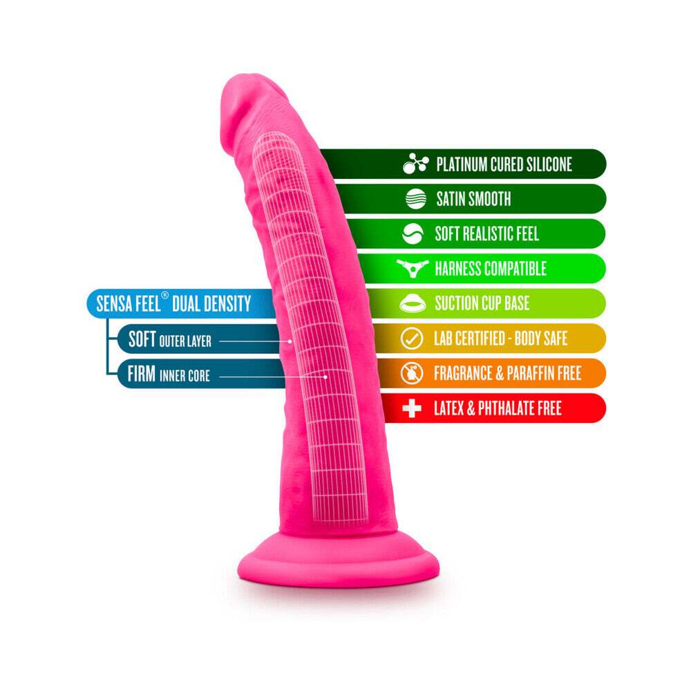 7.5 inch Dildo by Blush in Hot Pink Magenta Fuchsia shown for pegging Her or Him