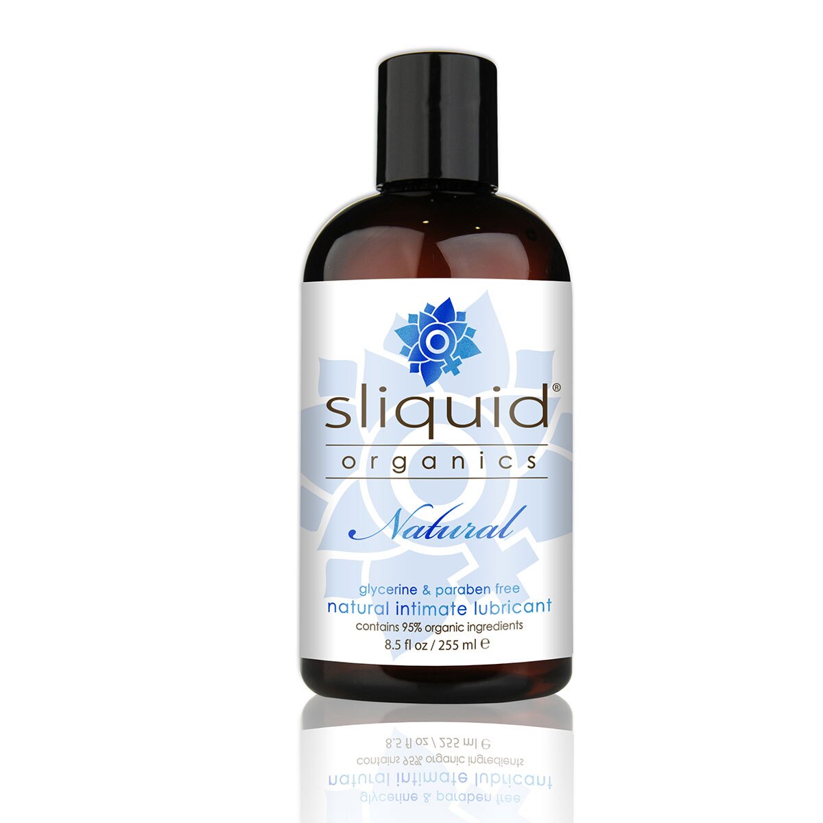 Bottle of 8.5 oz Vegan Lube Sliquid showing plant-powered formula