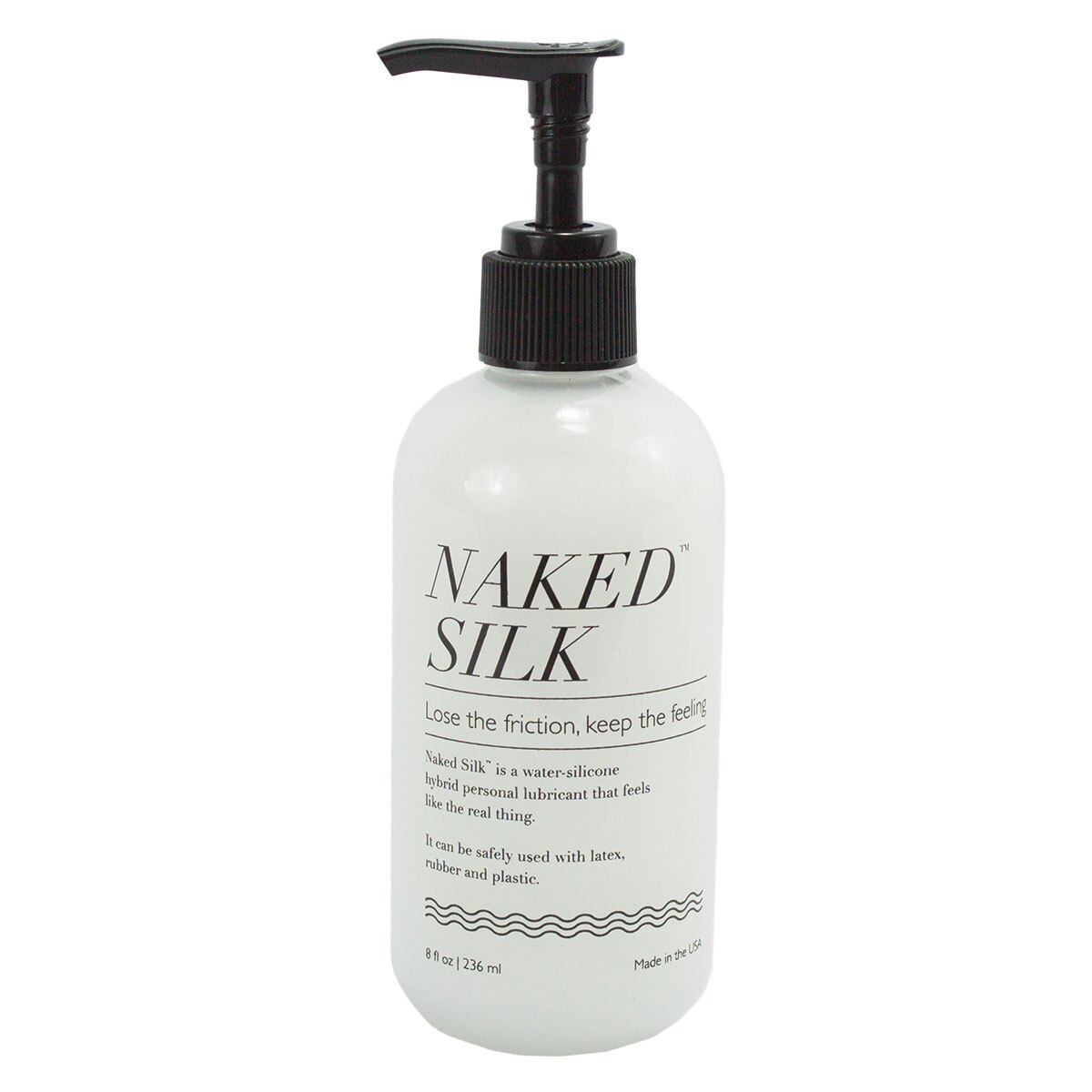 Bottle of 8.7 oz. Hybrid Lube Naked Silk showing water-silicone fusion formula