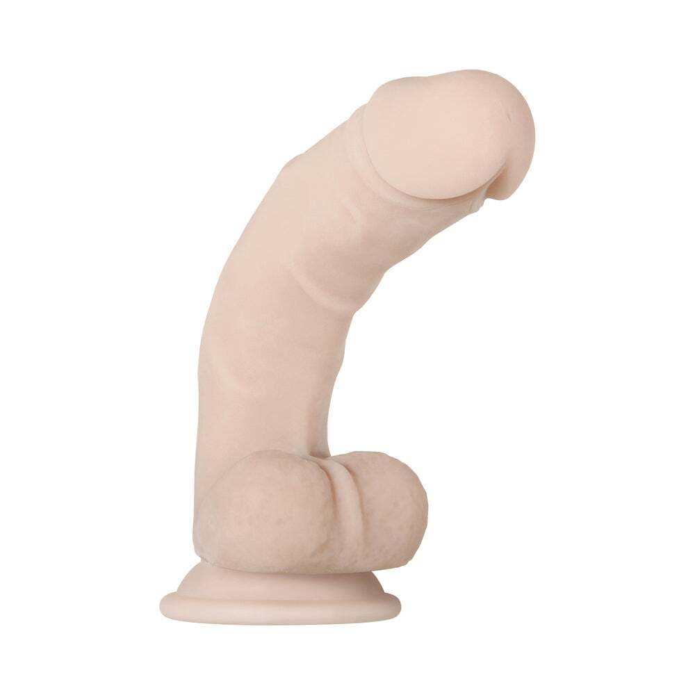 9.5 inch Dildo by Evolved in Vanilla Ivory Beige displayed for pegging Him or Her