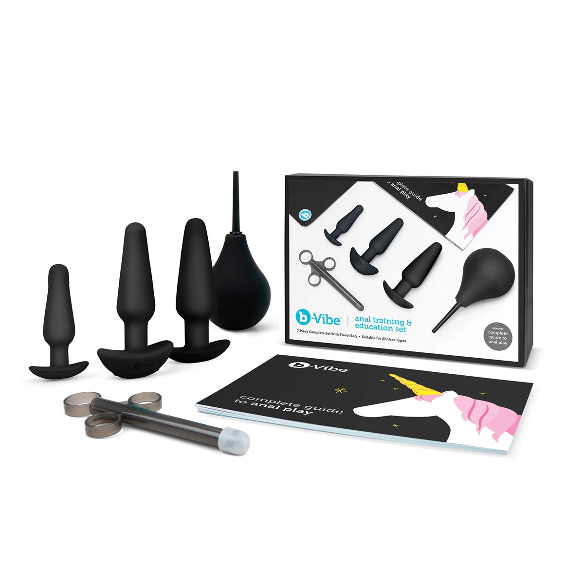 Black B-Vibe vibrator Anal Training Set shown in hand for scale