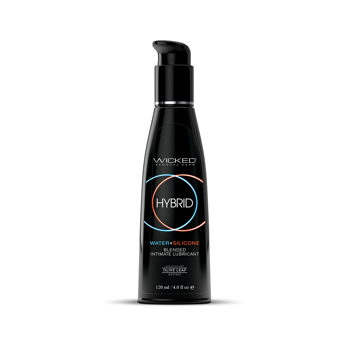 Bottle of  Hybrid Lube Wicked Sensual Care showing water-silicone fusion formula