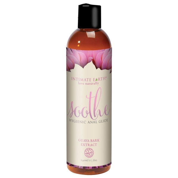 Bottle of  Water Based Lube Intimate Earth showing clean, lightweight formula