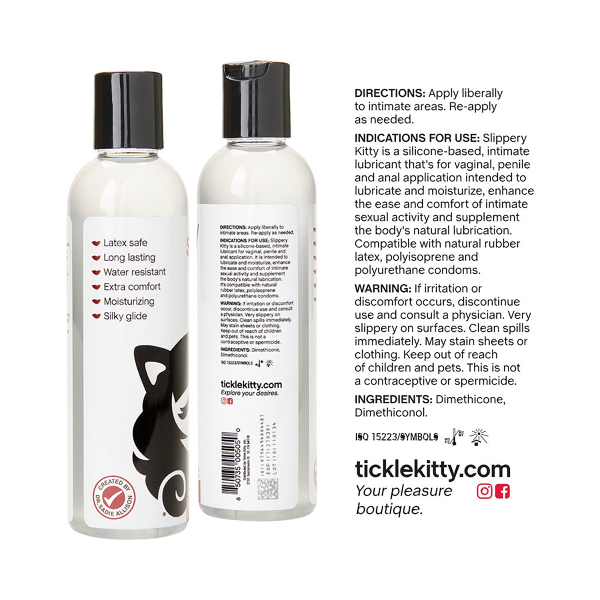 Soft-focus bottle shot of  Water Based Lube Tickle Kitty emphasizing easy-clean formula