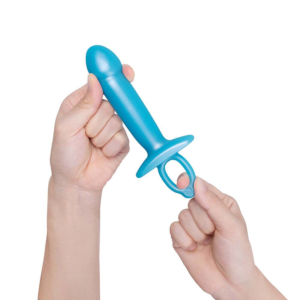 Dildo by b-Vibe in Blue displayed for pegging Him or Her