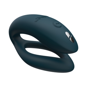 Green We-Vibe vibrator Sync O Rechargeable Remote Control Couples Velvet shown in hand for scale