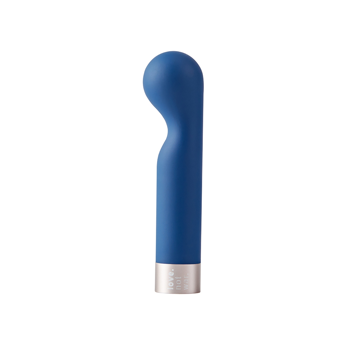 Angled view of the Blue Love Not War vibrator designed for intimate use