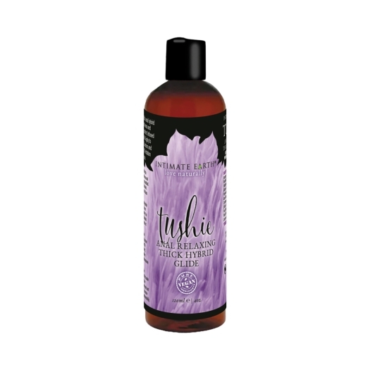 Bottle of  Vegan Lube Intimate Earth showing plant-powered formula