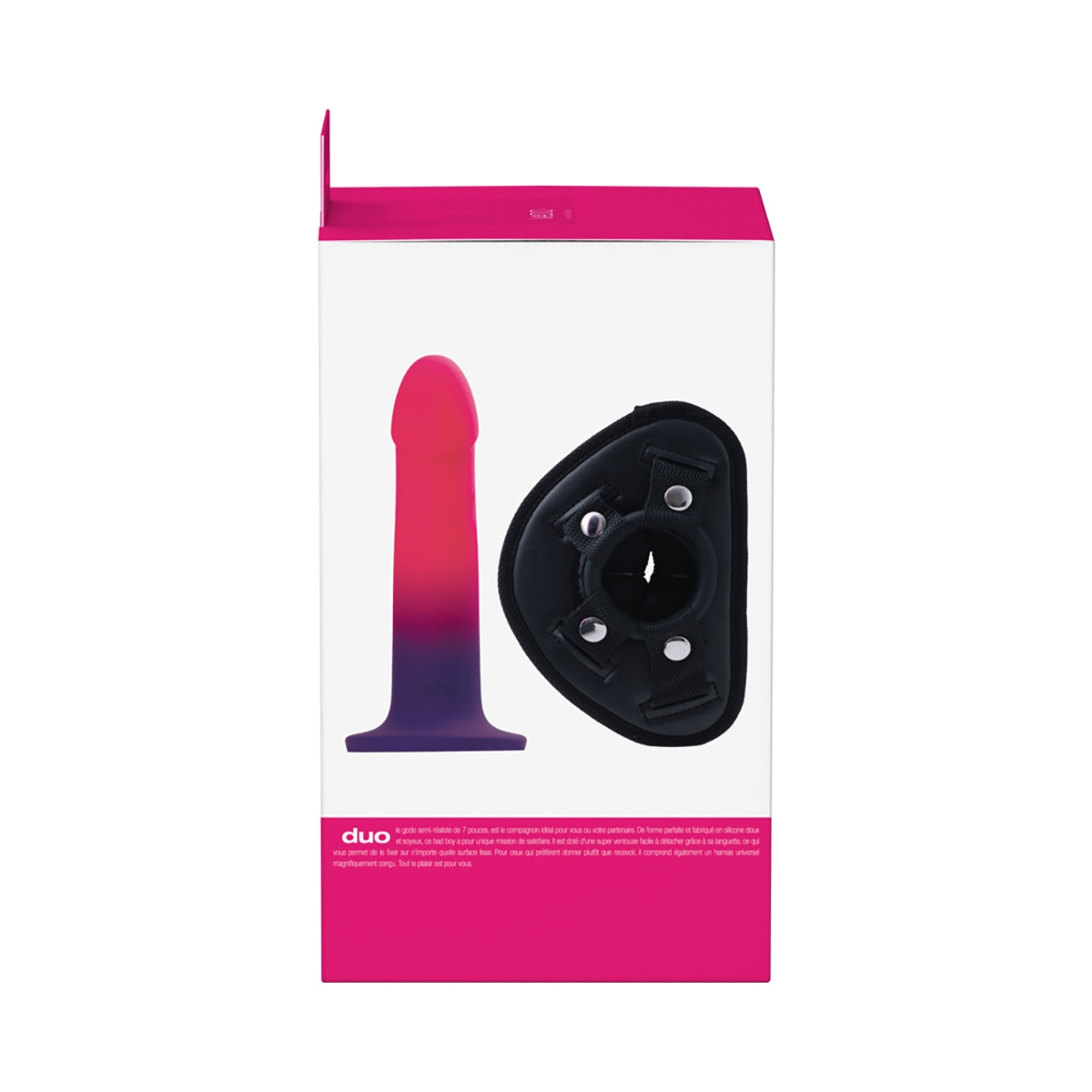 VeDO Duo Silicone Dildo with Harness Pink Purple dildo made by VeDO on sale at herVibrators.com