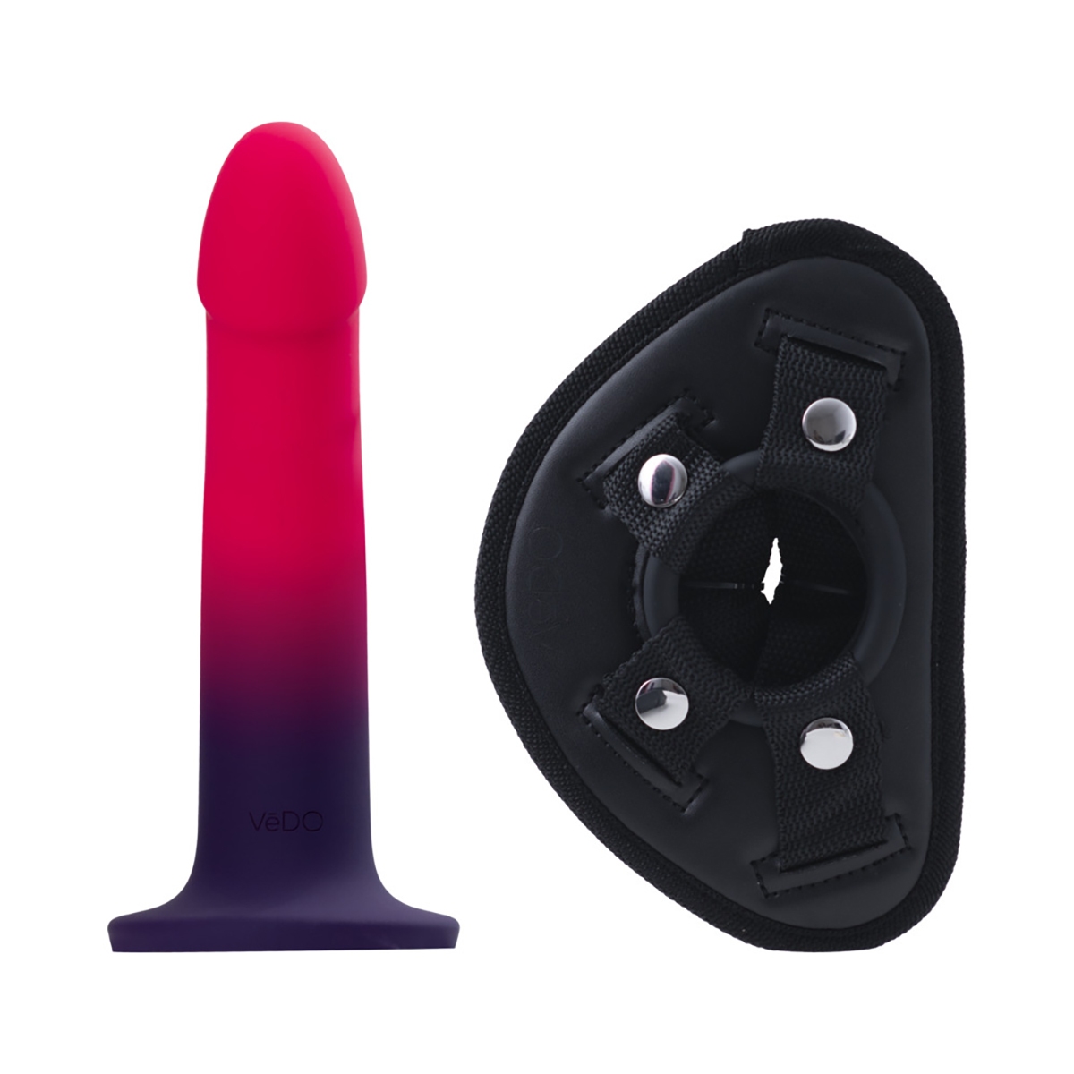 VeDO Duo Silicone Dildo with Harness Pink Purple dildo made by VeDO on sale at herVibrators.com