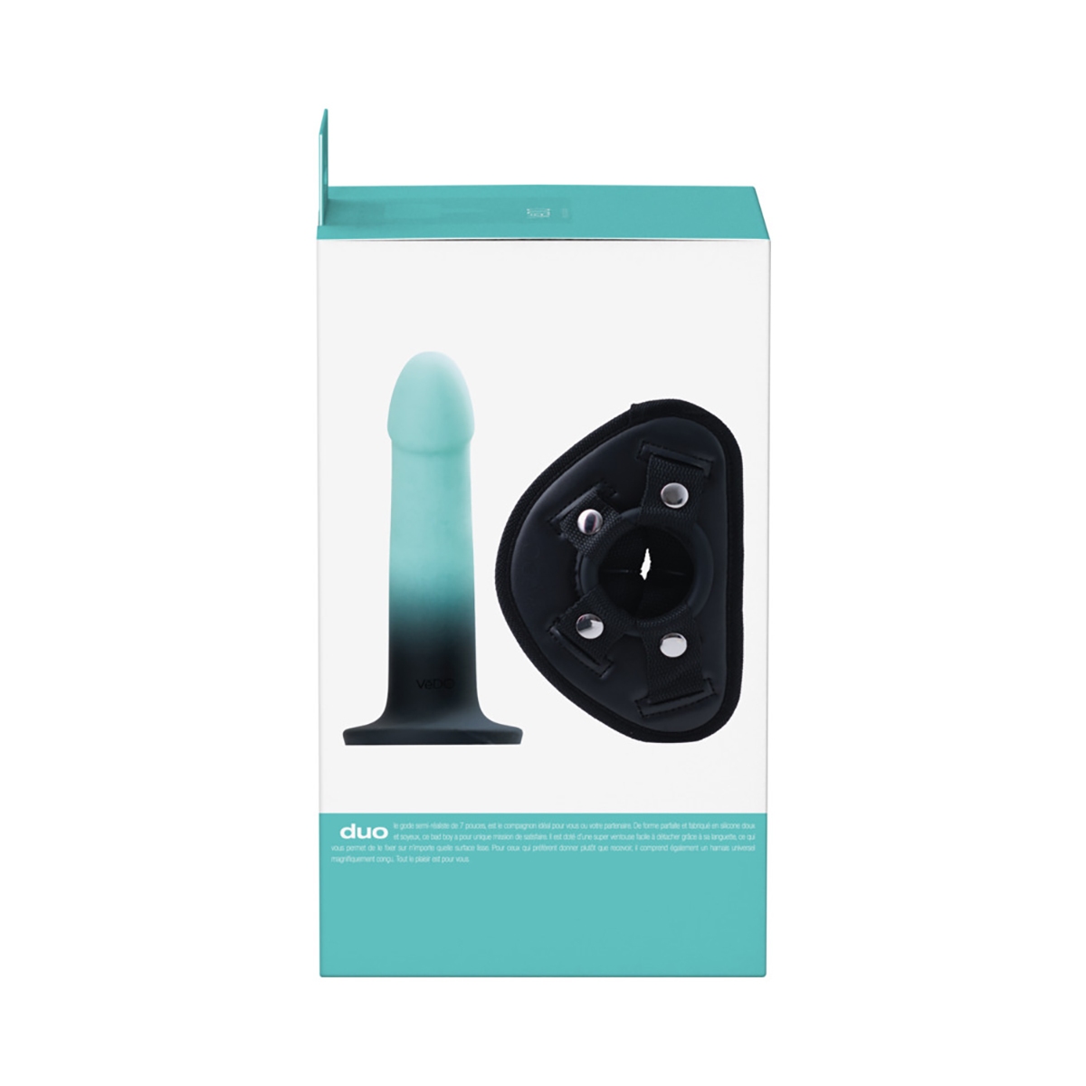 VeDO Duo Silicone Dildo with Harness Turquoise Black dildo made by VeDO on sale at herVibrators.com