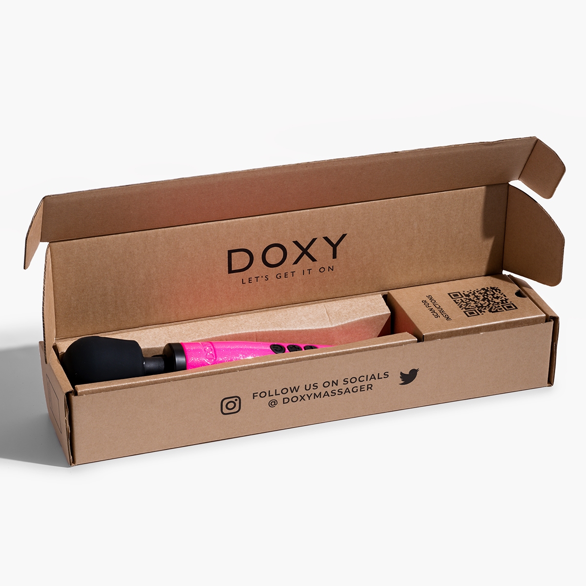 Angled view of the Hot Pink Doxy vibrator designed for intimate use