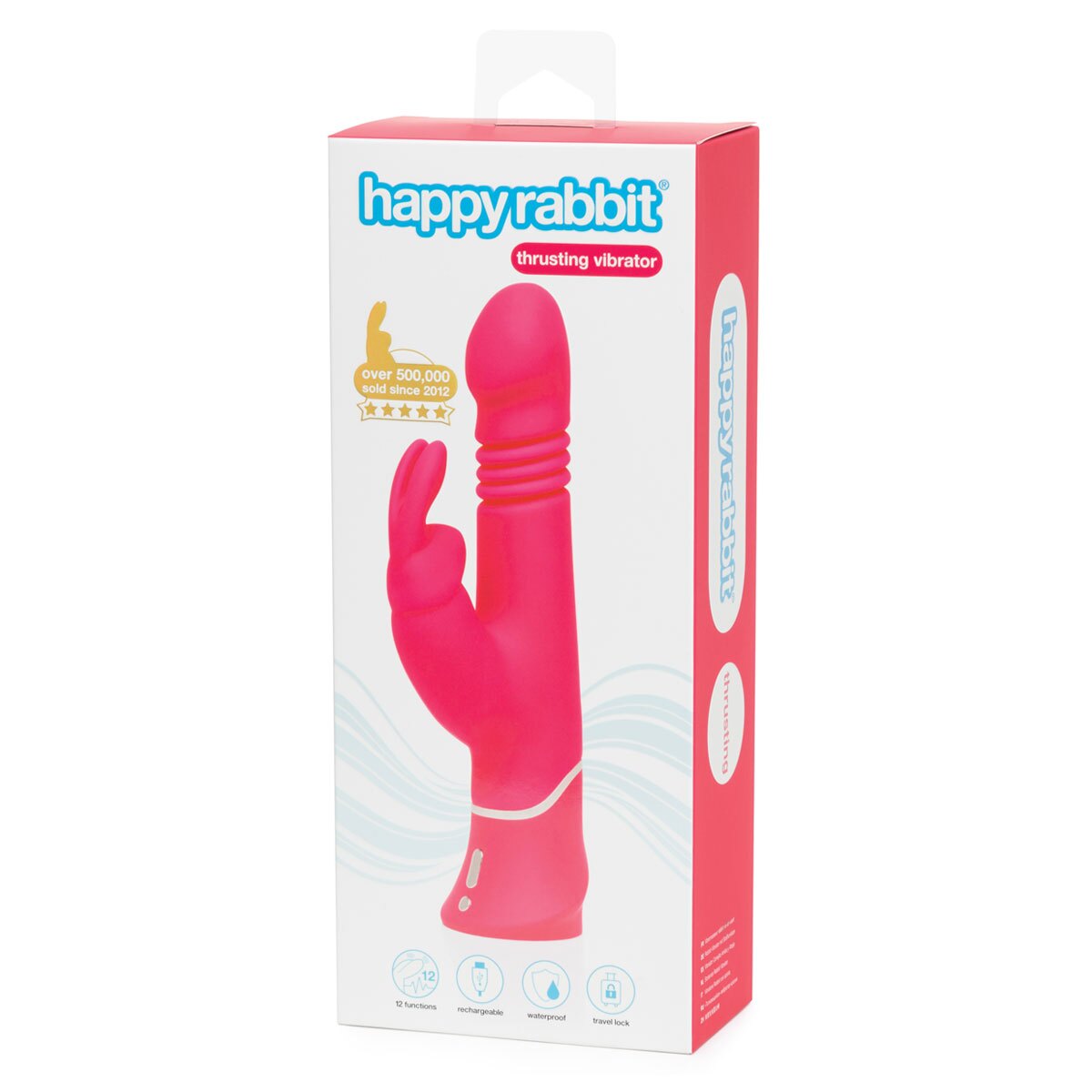 Angled view of the Pink Happy Rabbit vibrator designed for intimate use