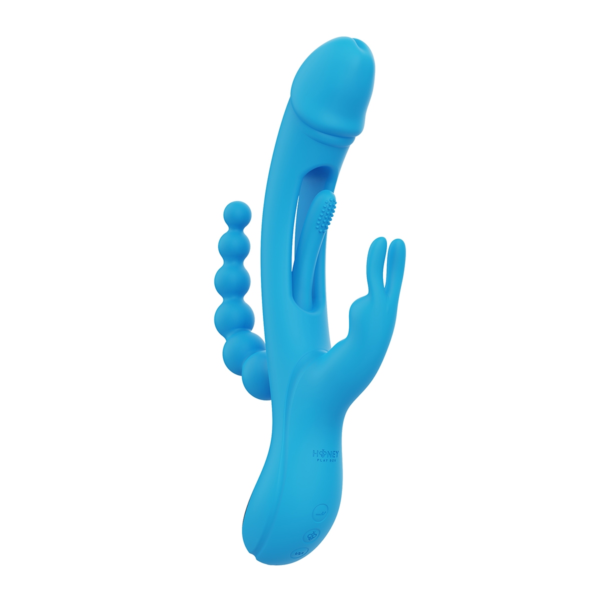 Blue Honey Play Box vibrator Trilux Kinky Finger Rabbit with Anal Beads shown in hand for scale