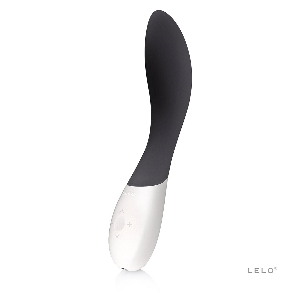Black LELO vibrator Mona Wave shown in hand for scale