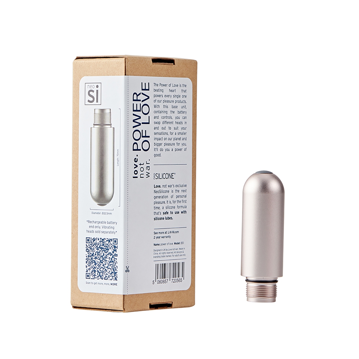 Love Not War vibrator Power of Love Battery shown in hand for scale