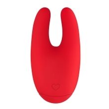 Red Luv Inc vibrator Mini Bunny shown in hand for scale