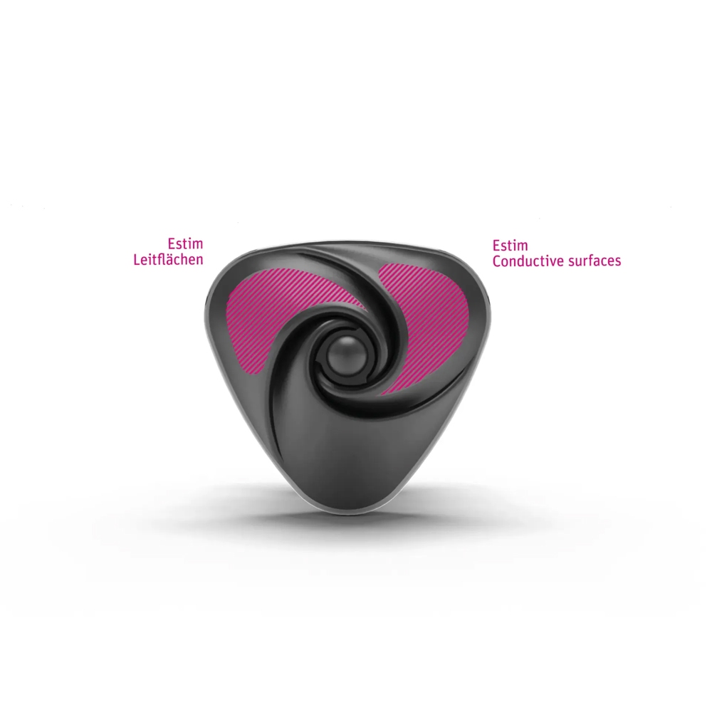 Angled view of the Black Mystim vibrator designed for intimate use