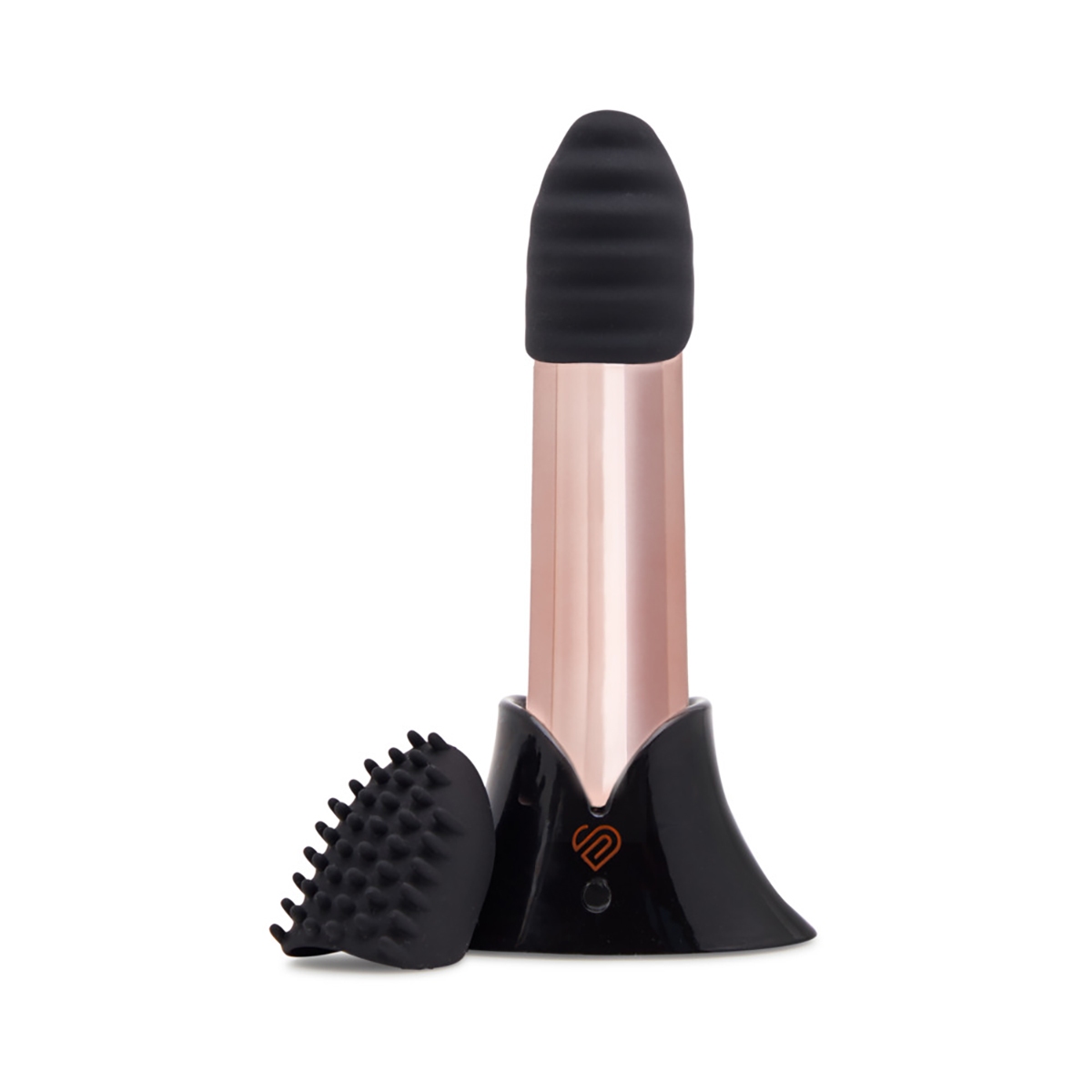 Rose Gold Nu Sensuelle vibrator Point Plus 20 Function with Sleeves Rose shown in hand for scale