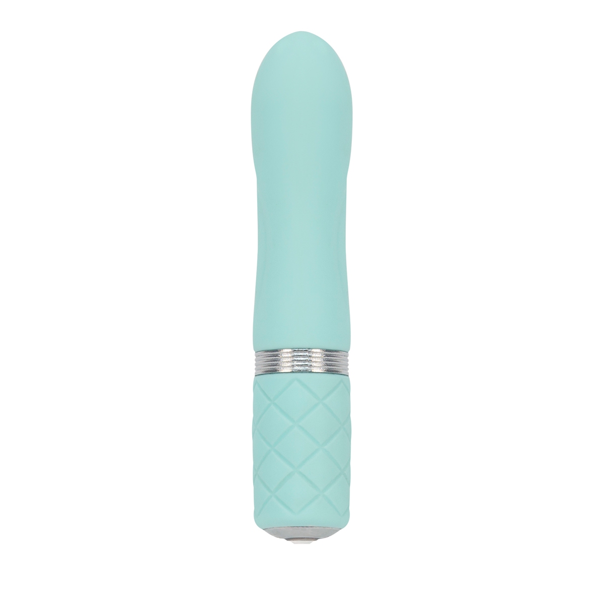 Teal BMS vibrator Pillow Talk Flirty shown in hand for scale
