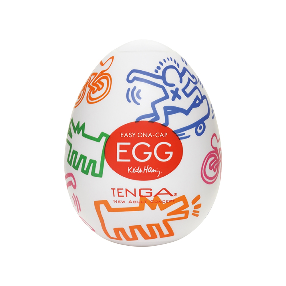 TENGA vibrator Keith Haring Egg Street shown in hand for scale