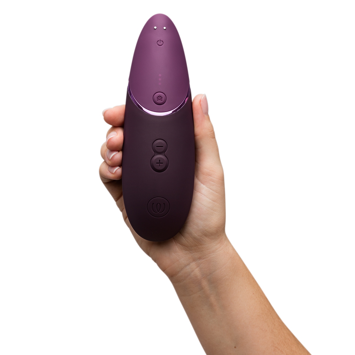 Angled view of the Purple Womanizer vibrator designed for intimate use