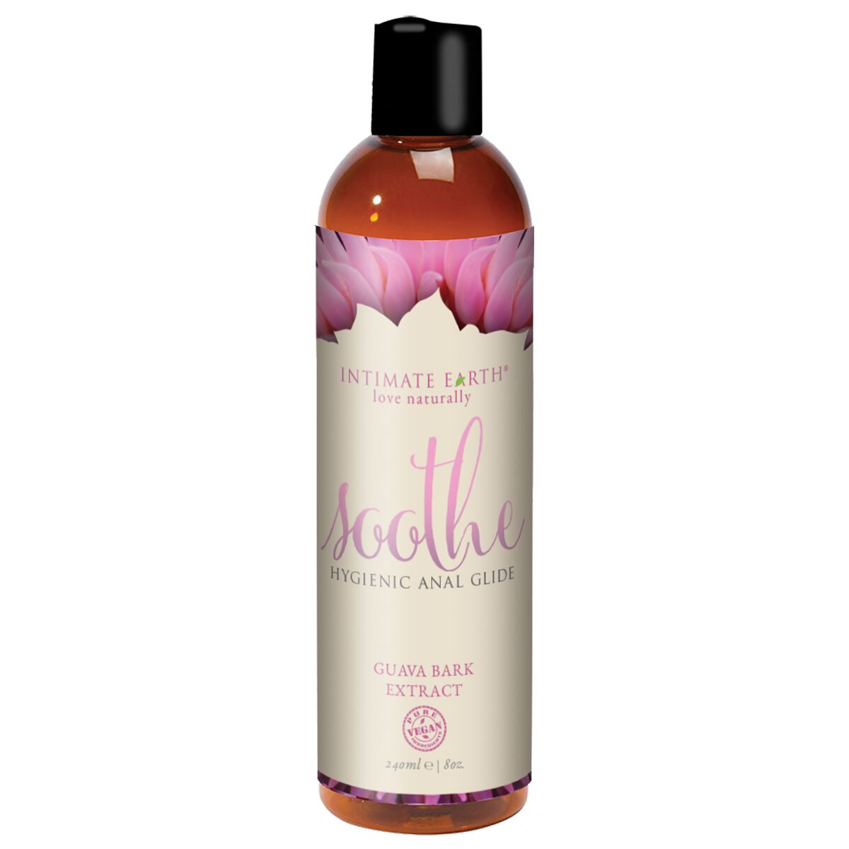 Bottle of  Water Based Lube Intimate Earth showing clean, lightweight formula