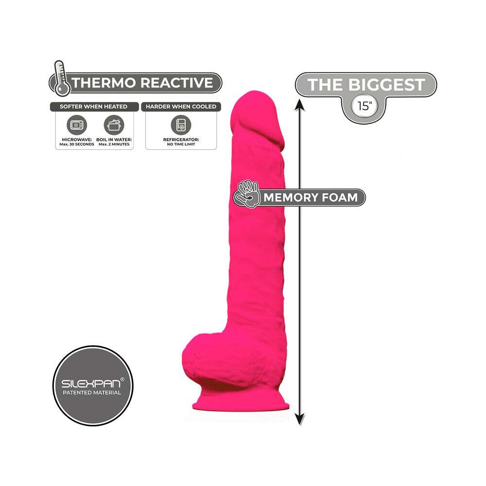 15 inch Dildo by Doc Johnson in Hot Pink Magenta Fuchsia displayed for pegging Him or Her