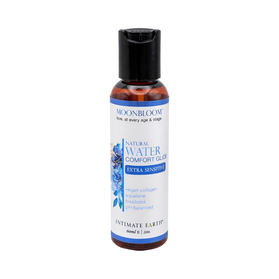 Bottle of  Water Based Lube Intimate Earth showing clean, lightweight formula