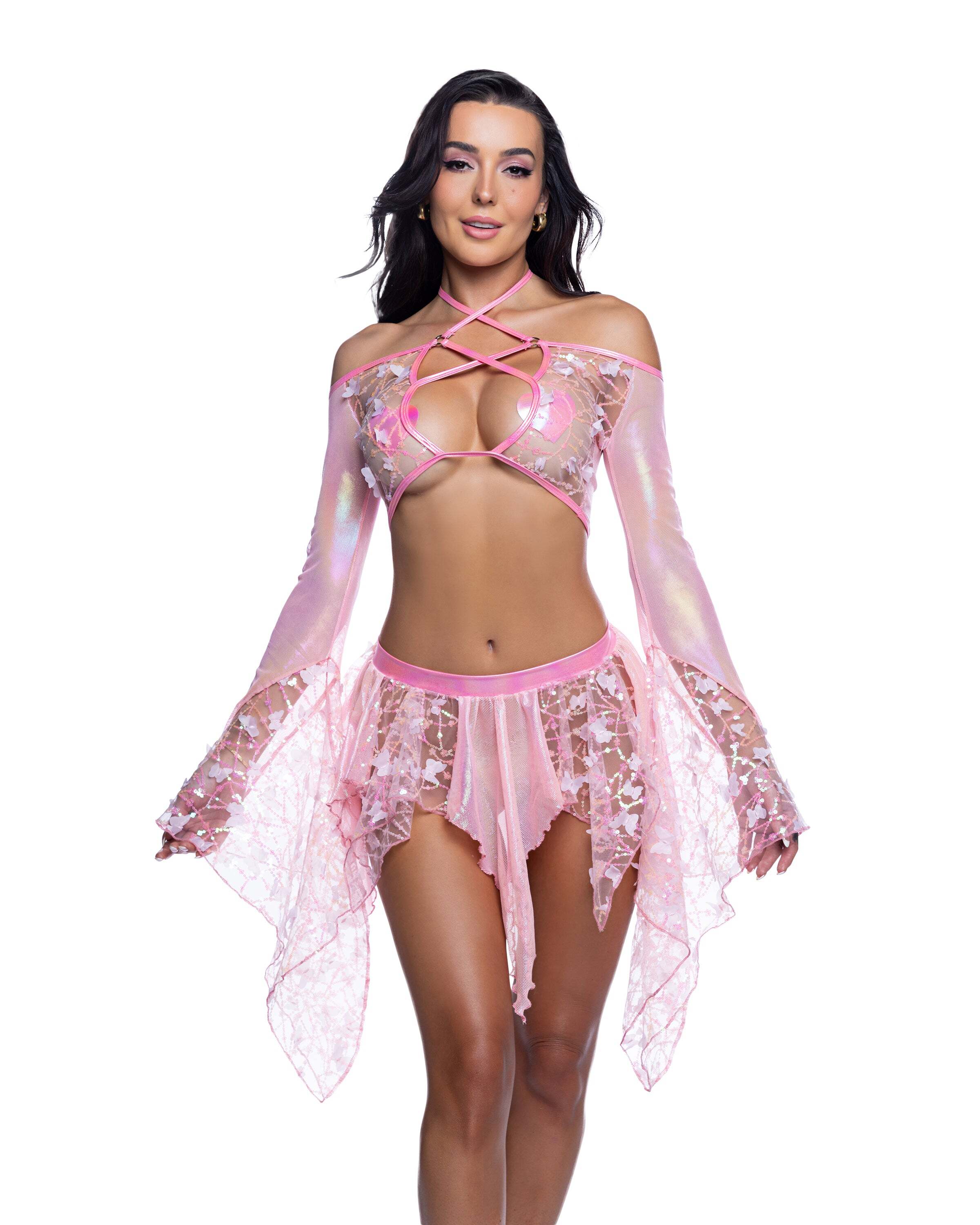 Light Pink Sequin Butterfly Top + Skirt Rave Outfit with a sequin butterfly top