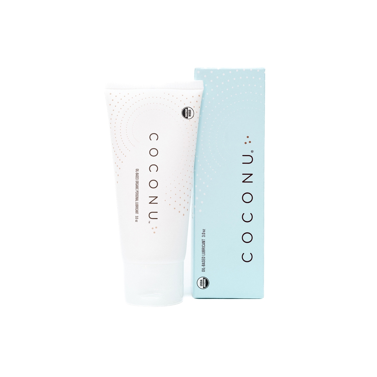 Bottle of 3 oz Plant Based Lube Coconu showing botanical formula