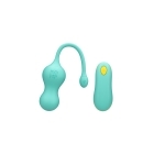 Aqua ROMP vibrator Cello Egg shown in hand for scale