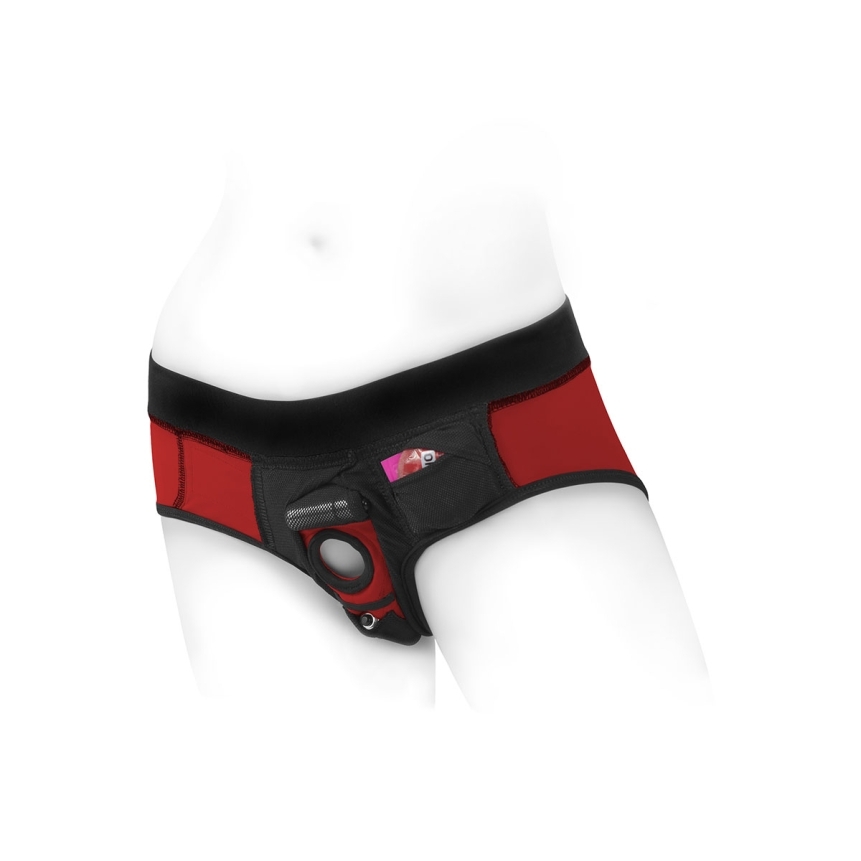 The medium tomboi harness dildo red black nylon design showcases premium construction that supports confident movement and smooth compatibility