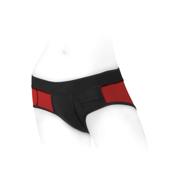 This Medium Tomboi Harness Dildo Red Black Nylon model features a sophisticated fit engineered for secure, comfortable wear