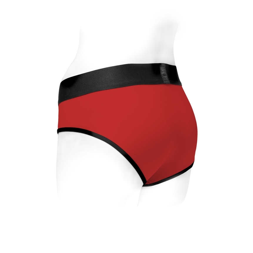 The medium tomboi harness dildo red black nylon harness dildo is styled with modern detailing that enhances both aesthetics and performance