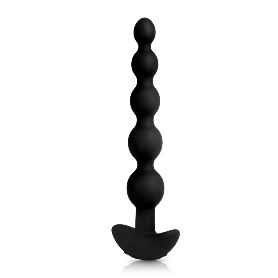 Black B-Vibe vibrator Cinco Beads shown in hand for scale