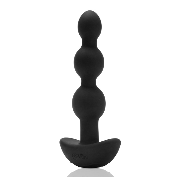 Black B-Vibe vibrator Triplet Beads shown in hand for scale