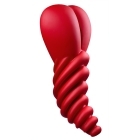 Red Banana Pants vibrator Luvgrind shown in hand for scale